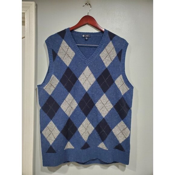 J Crew Vest Sweater Mens Large Blue Check Lambswool V Neck Classic Knit Pullover - Picture 2 of 11